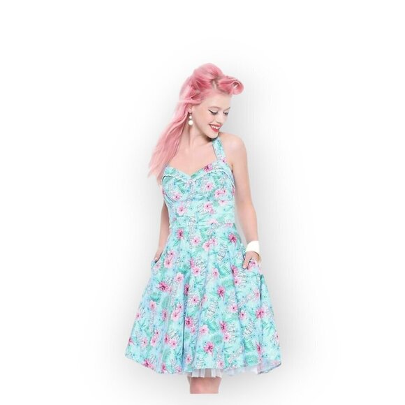 Hot Topic Fit and Flare Hawaiian Tiki Dress XS Blue Floral Halter Swing Retro - Picture 13 of 13